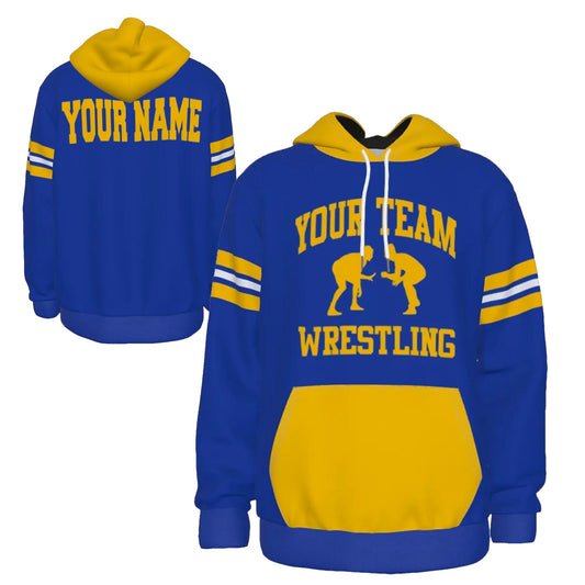 Custom Yellow Gold Royal Blue Wrestling Team Design Sports Pullover Sweatshirt Hoodie - WRHD-2