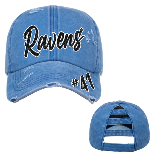 Ravens Glitter Royal Blue Distressed High Bun Pony Tail Hat