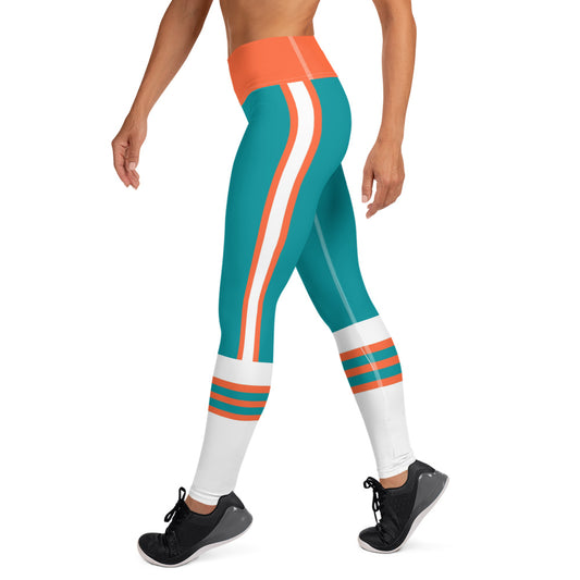 Fun Miami Dolphins Inspired Football Team / Fans Teal, Orange and White Ladies Fitness Yoga High Waste Leggings Pants