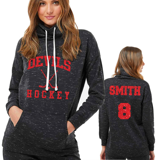 Custom Personalized Hockey Design J America Women’s Mélange Fleece Cowl Neck Sweatshirt Amazing Spirit Wear Ice Skating Mom- 2.8673